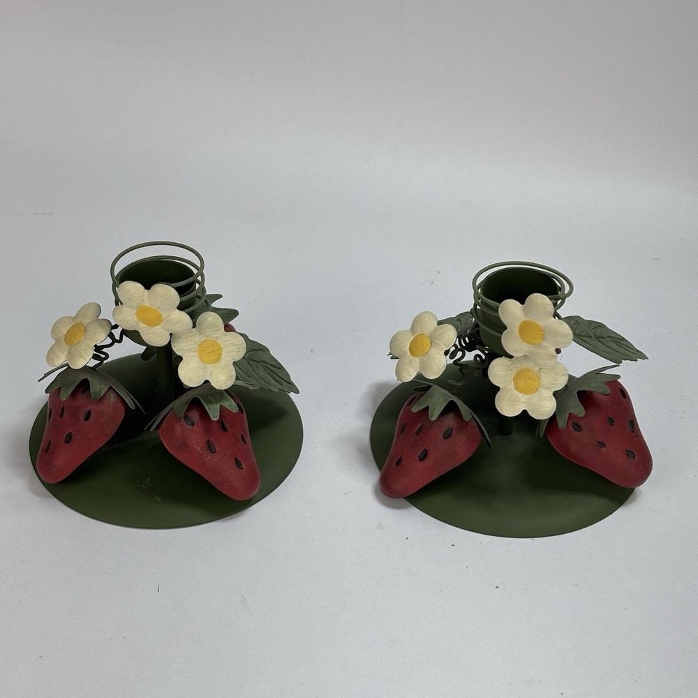 2 Vtg Metal Strawberry & Daisies Candle Holders Rustic Cottagecore